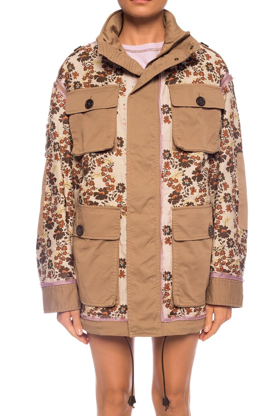 NWT Dsquared2 Tan Flower Print Jacket Paneled Stretch Cotton Twill IT 36 US XS